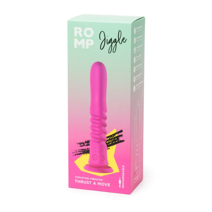 Romp Jiggle retail box, mint and pink, with the toy pictured on the front