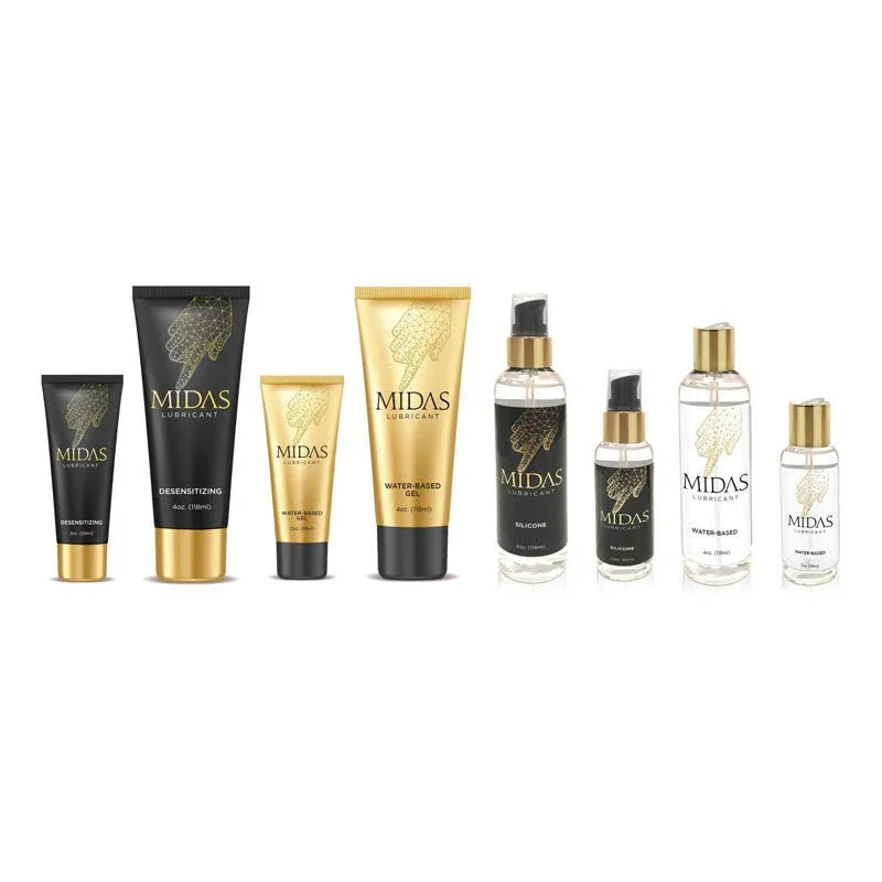 Midas lubricant range lined up, tubes and pump bottles in black, gold and clear