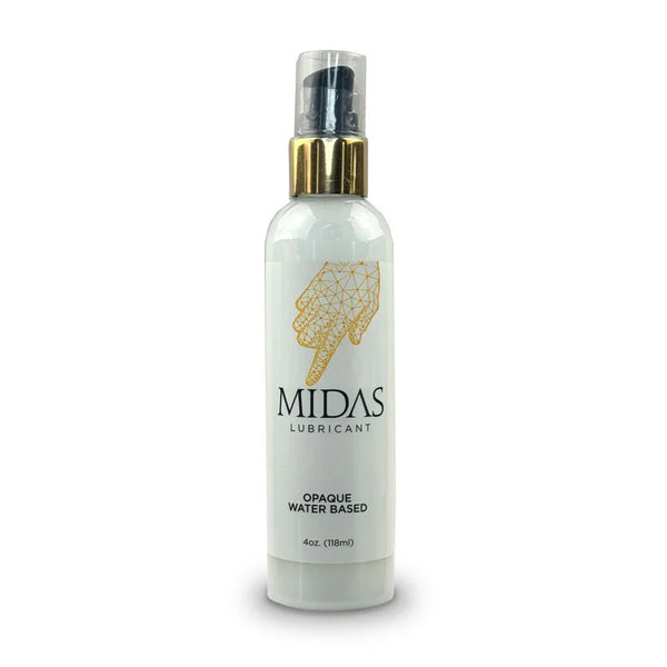 Midas Opaque Water Based lubricant, white 118 ml pump bottle with a gold collar
