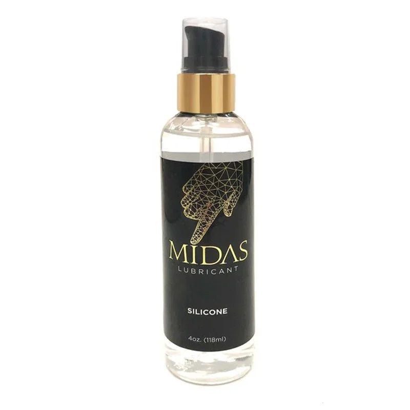 Midas Silicone Lubricant, clear 118 ml pump bottle with a black label and gold collar