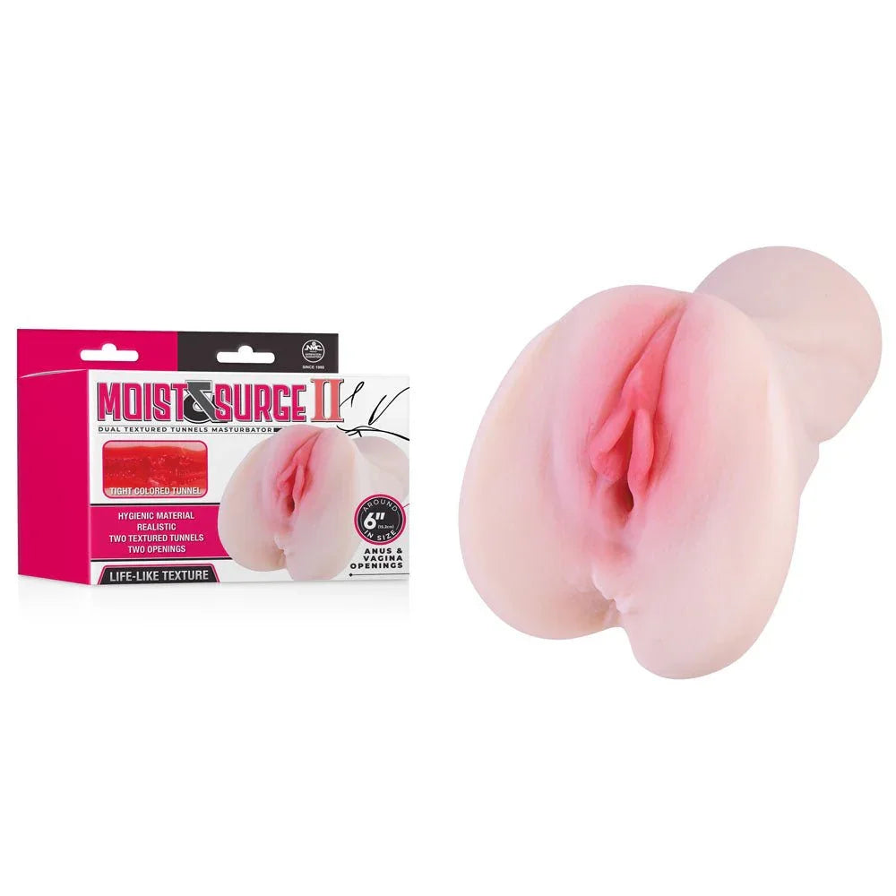 Moist & Surge II vagina stroker in Flesh, dual-opening mould upright beside its pink box