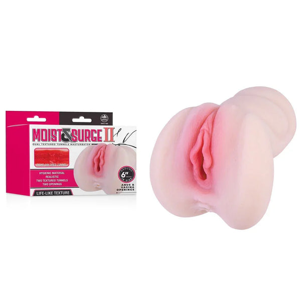 Moist & Surge II stroker in Flesh, mould tilted to show both openings, box behind