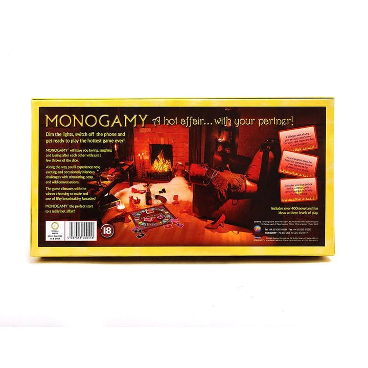 Monogamy box back with fireside photo and game description