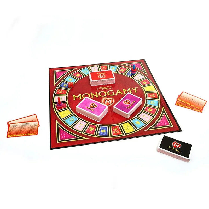 Monogamy board set up with card decks, spinner and fantasy cards