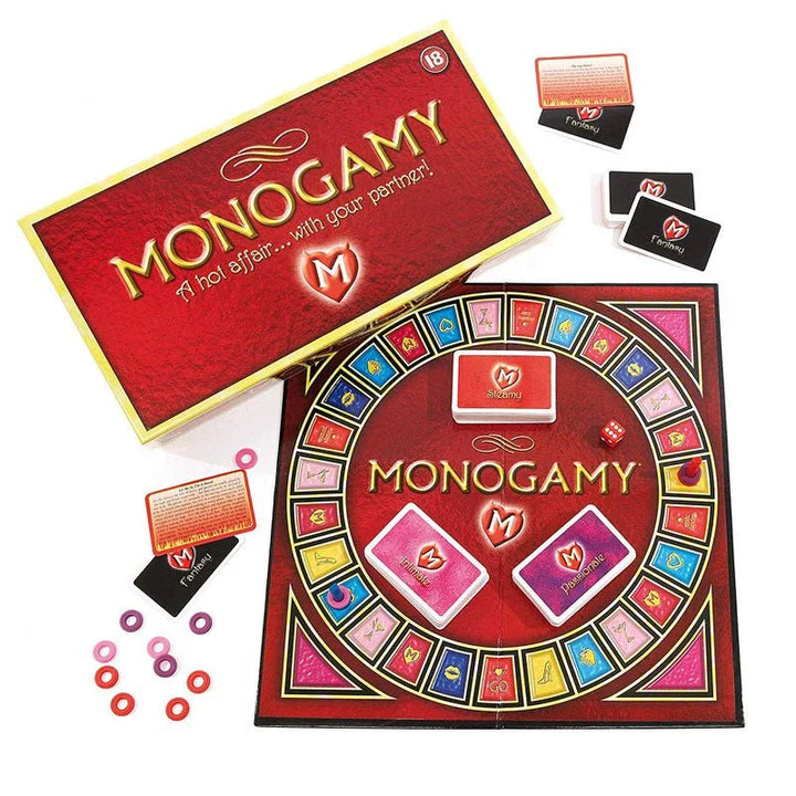 Monogamy box lid above the laid-out board, dice and card decks