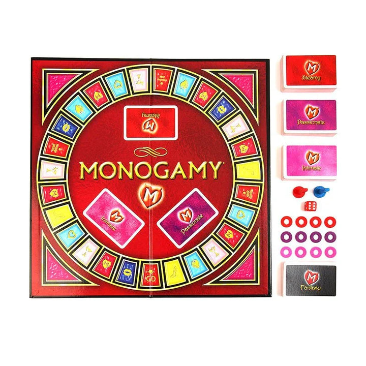 Monogamy board flat lay with the three card decks and token rings
