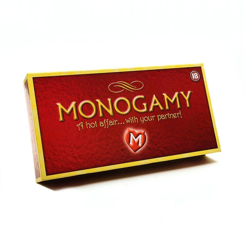 Monogamy box lid angled, red cover with gold lettering