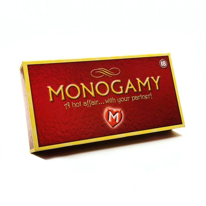 Monogamy box lid angled, red cover with gold lettering