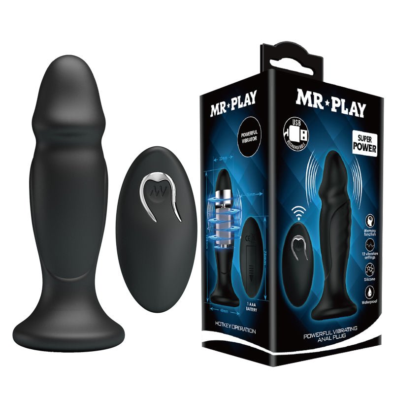 MR PLAY Powerful Vibrating Anal Plug - Black 12.4 cm USB Rechargeable Vibrating Anal Plug with Remote – Sex toys NZ by Naughtyhut. Discreet delivery nationwide.