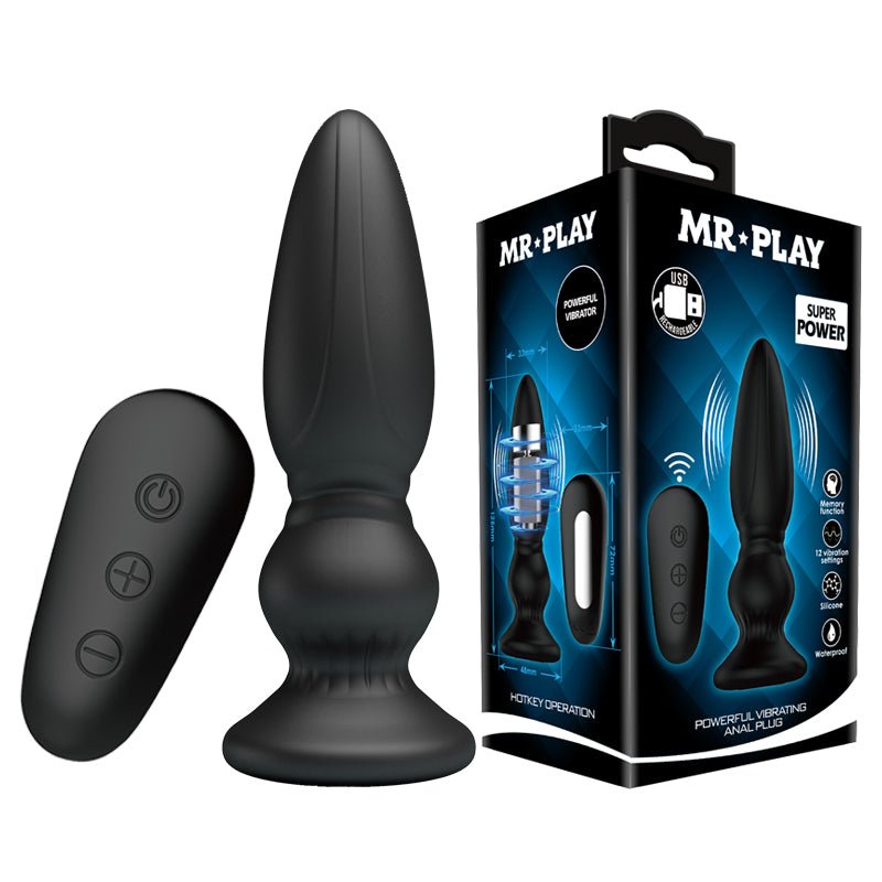 MR PLAY Powerful Vibrating Anal Plug - Black 12.5 cm USB Rechargeable Vibrating Anal Plug with Remote – Sex toys NZ by Naughtyhut. Discreet delivery nationwide.