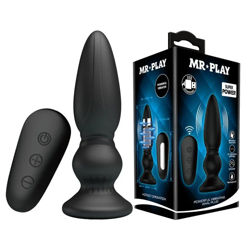 Mr Play vibrating anal plug 12.5 cm in Black with remote and retail box