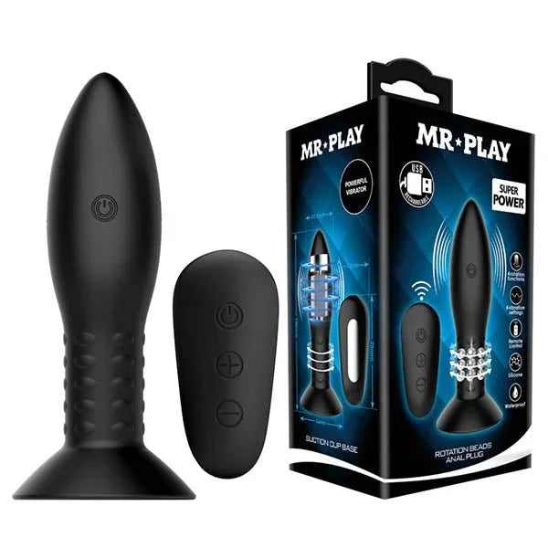 Mr Play rotating beaded butt plug in Black, ribbed base, with remote and box