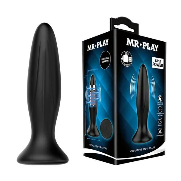Mr Play vibrating butt plug 12.8 cm in Black beside its retail box