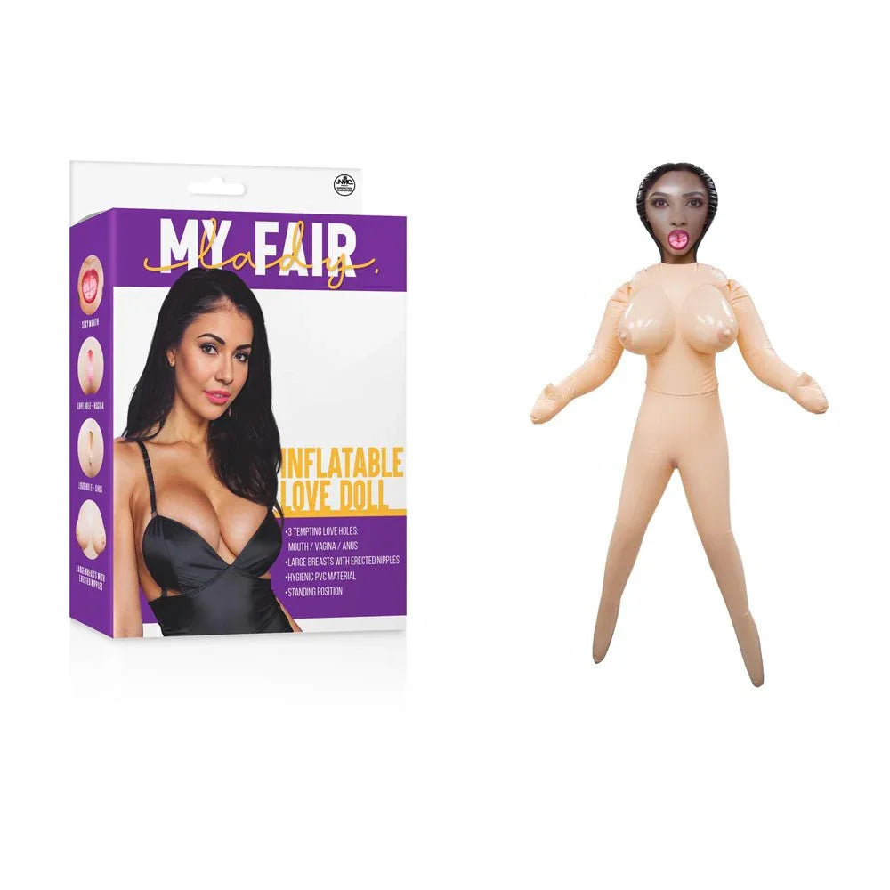 My Fair Lady inflatable love doll beside its purple retail box, arms bent forward