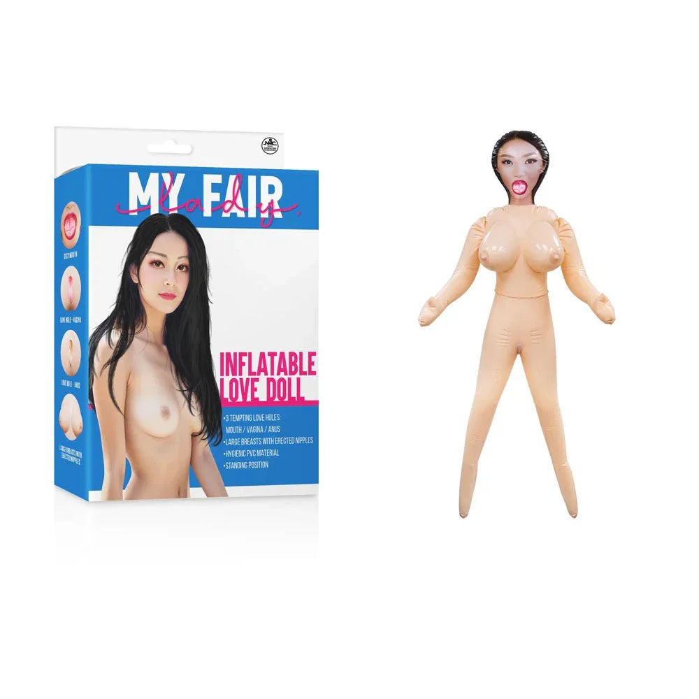 My Fair Lady inflatable love doll standing beside its blue retail box