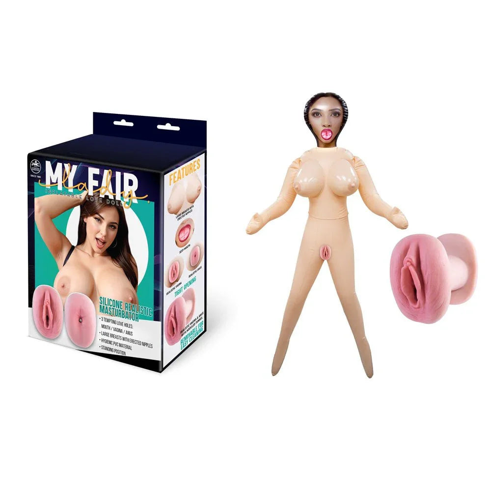 My Fair Lady standing doll, arms out, vulva insert alongside its teal box
