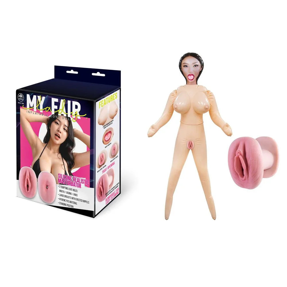 My Fair Lady standing doll with realistic vulva insert, beside its pink box