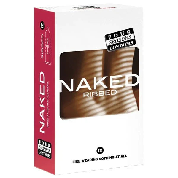 Four Seasons Naked Ribbed 12 pack, red-spined box with shadow-striped photo