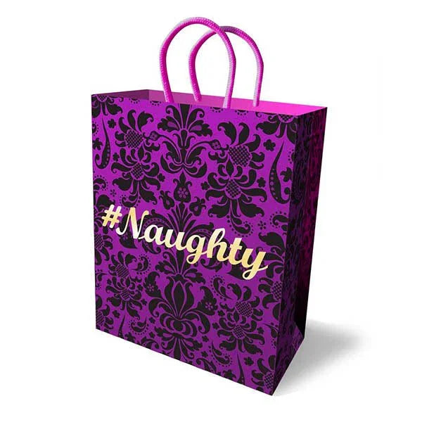 Hashtag Naughty novelty gift bag in purple with black damask print and pink handles