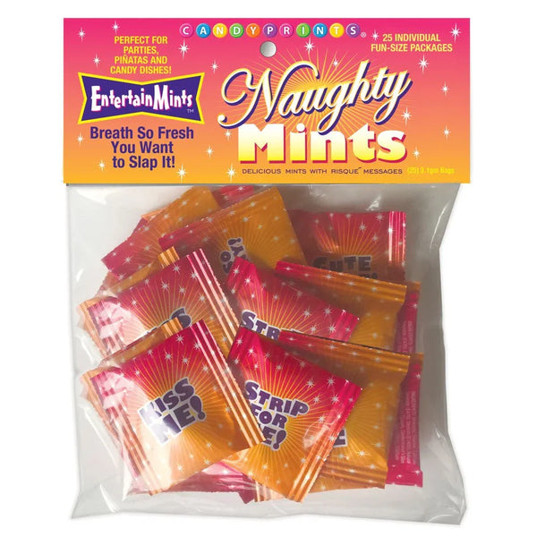 Naughty Mints bulk bag holding 25 fun-size packets with risque messages