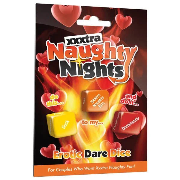 Xxxtra Naughty Nights erotic dare dice pack, flame artwork with three dice