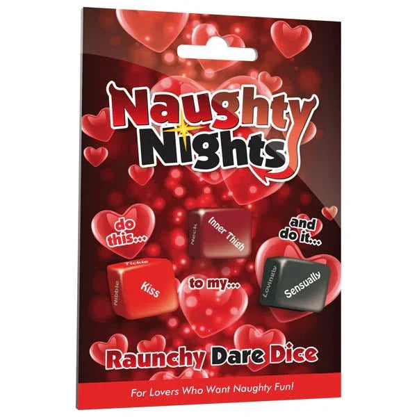 Naughty Nights raunchy dare dice pack, heart artwork with three dice