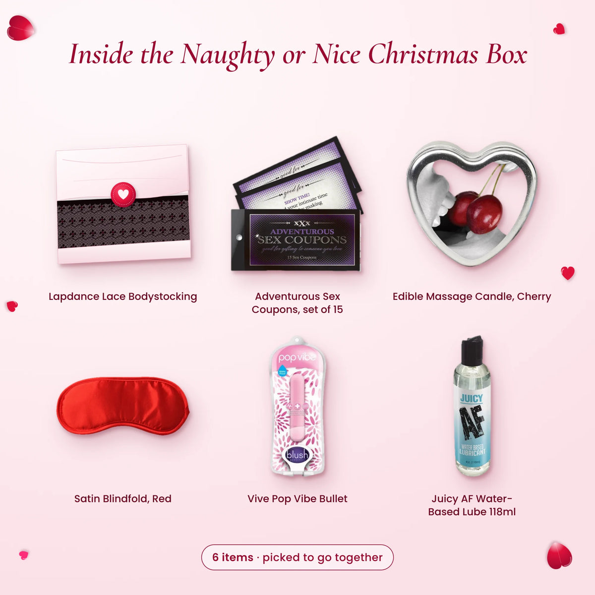 What's inside the Naughty or Nice Christmas Box: Lapdance Lace Bodystocking, Adventurous Sex Coupons (set of 15), Edible…