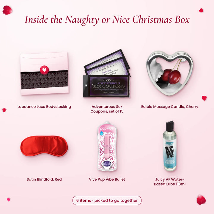 What's inside the Naughty or Nice Christmas Box: Lapdance Lace Bodystocking, Adventurous Sex Coupons (set of 15), Edible…