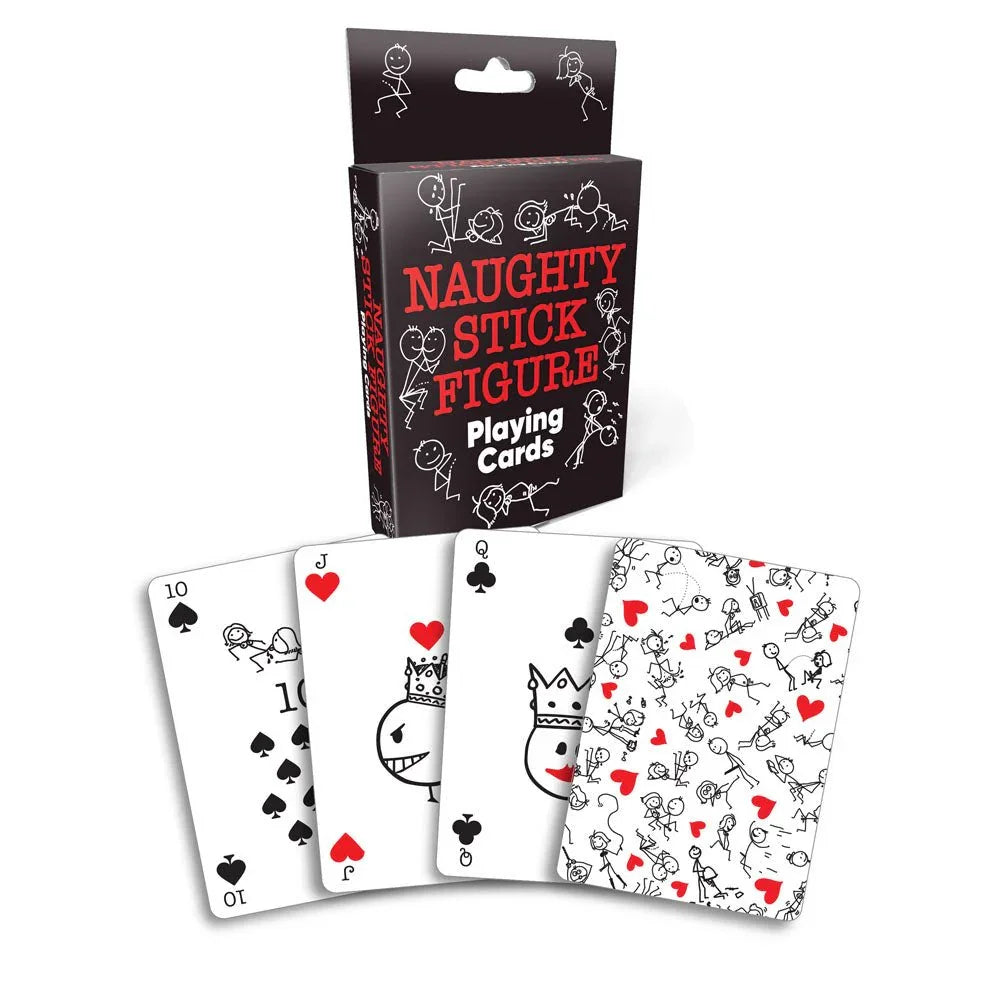 Naughty Stick Figure Playing Cards, box with four stick-figure cards fanned out