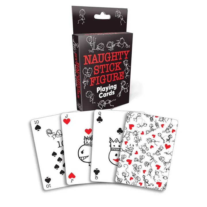 Naughty Stick Figure Playing Cards, box with four stick-figure cards fanned out