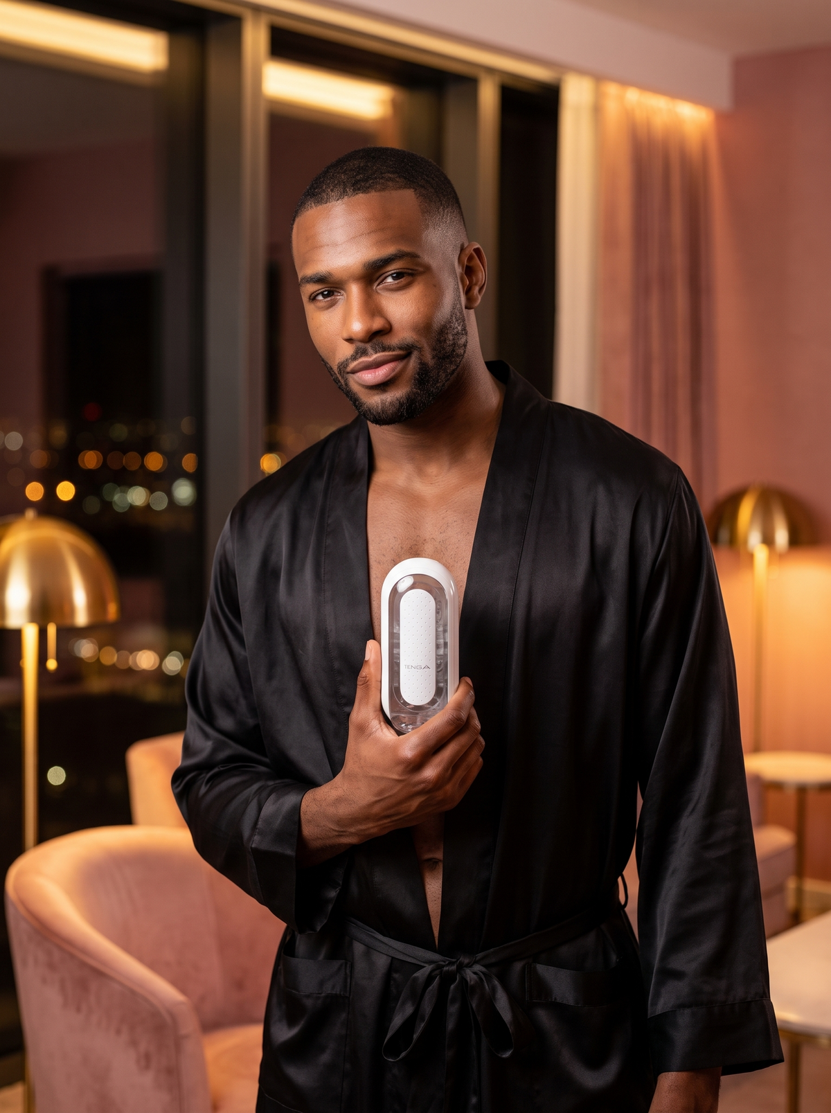 Man in an open black satin robe in a city-view hotel suite holding a Tenga Flip Zero