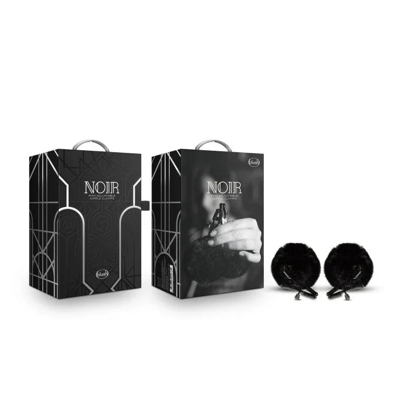 Noir Pom adjustable furry nipple clamps in black with their two Noir boxes