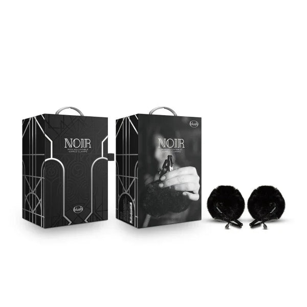 Noir Pom adjustable furry nipple clamps in black with their two Noir boxes
