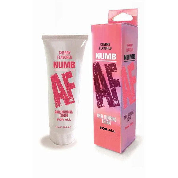 Numb AF Cherry anal numbing cream, white 44 ml tube beside its pink carton