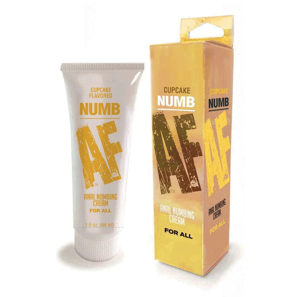 Numb AF Cupcake anal numbing cream, white 44 ml tube beside its gold carton
