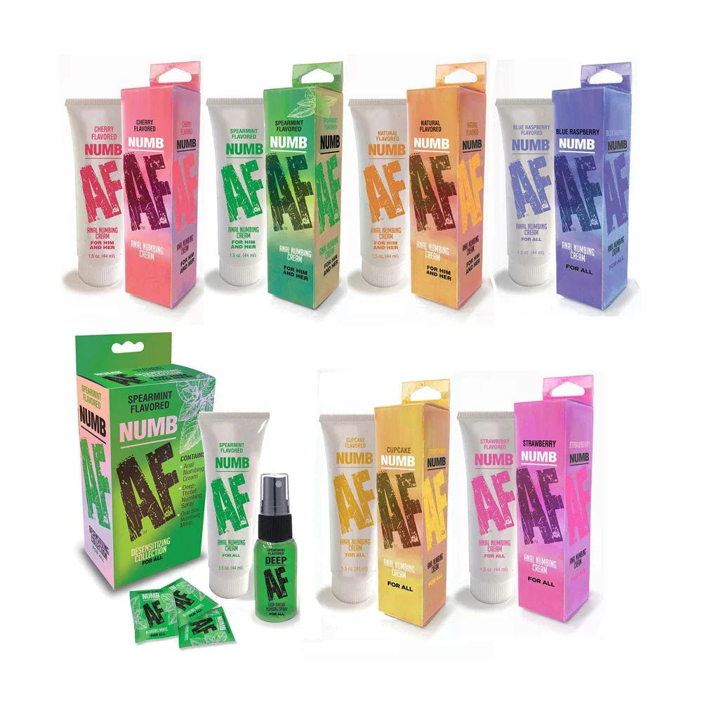 Numb AF and Deep AF range, tubes, cartons, sachets and a counter display