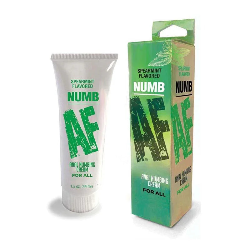 Numb AF Spearmint anal numbing cream, white 44 ml tube beside its green carton