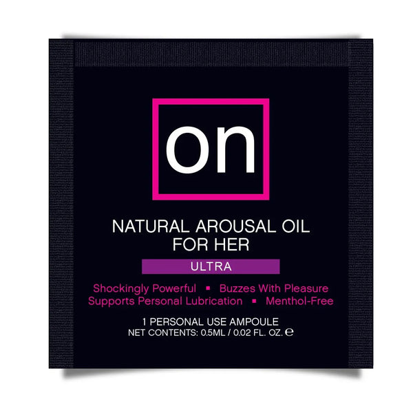 On Ultra arousal oil ampoule packet, black with purple Ultra band