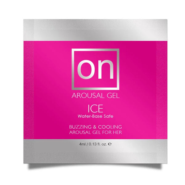 On Ice arousal gel single-use packet, pink and silver front