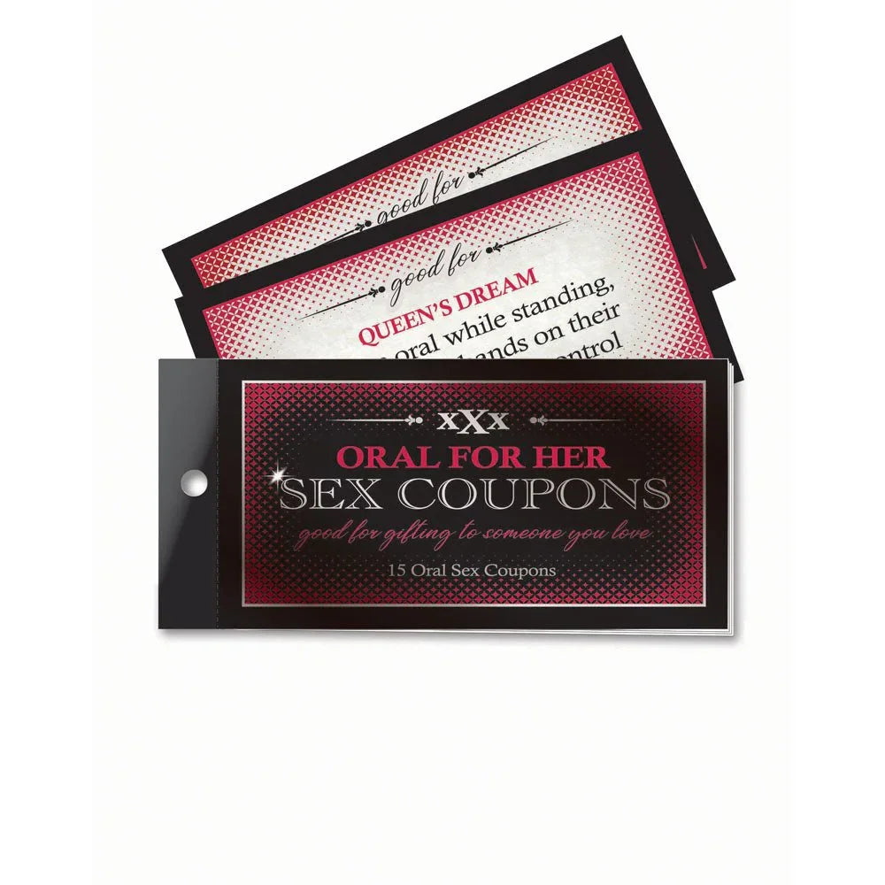 Oral For Her sex coupons, red and black booklet of 15 with two coupons showing