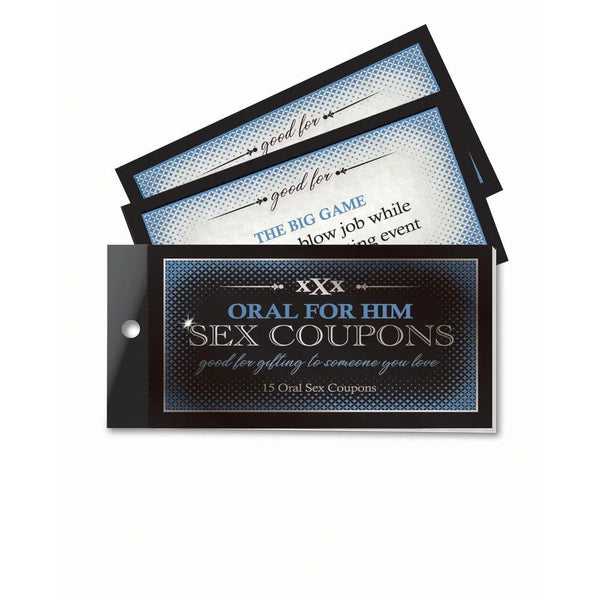 Oral For Him sex coupons, blue and black booklet of 15 with two coupons showing