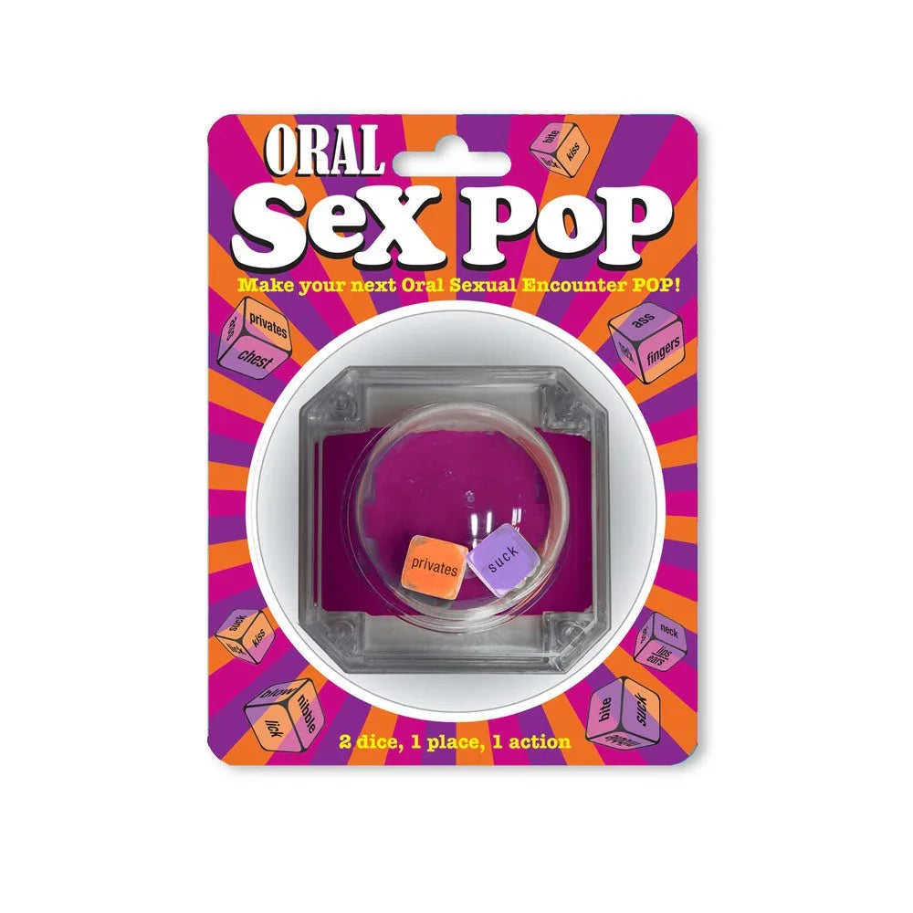 Oral Sex Pop dice game on its purple blister card, popper dome with two dice