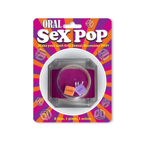 Oral Sex Pop dice game on its purple blister card, popper dome with two dice