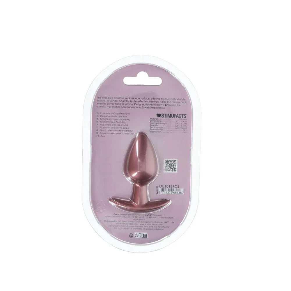 OUCH! Medium Metal Anal Plug in Rose Gold, back of the pack showing the spec panel and barcode