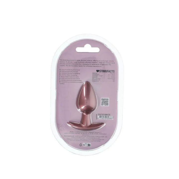 OUCH! Medium Metal Anal Plug in Rose Gold, back of the pack showing the spec panel and barcode