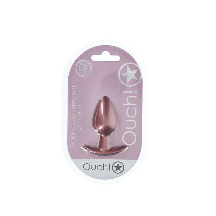 OUCH! Medium Metal Anal Plug in Rose Gold, front of the sealed Ouch! blister pack