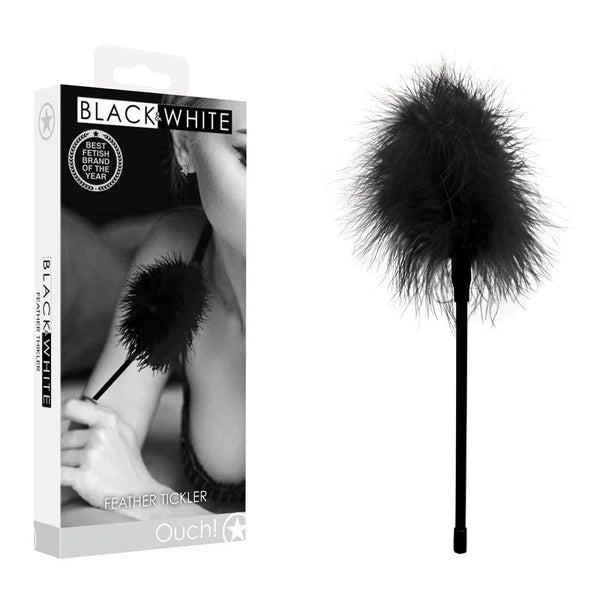 OUCH! Black & White Feather Tickler in Black, retail box beside the marabou feather tickler