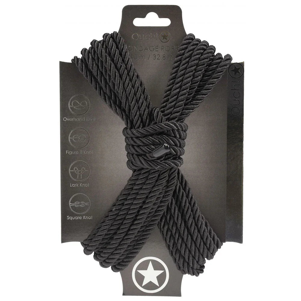 OUCH! Nylon Bondage Rope 10m in Black, rope wound on its black display card with knot icons