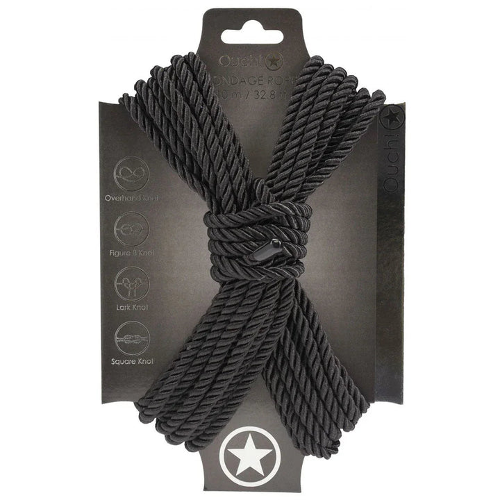 OUCH! Nylon Bondage Rope 10m in Black, rope wound on its black display card with knot icons