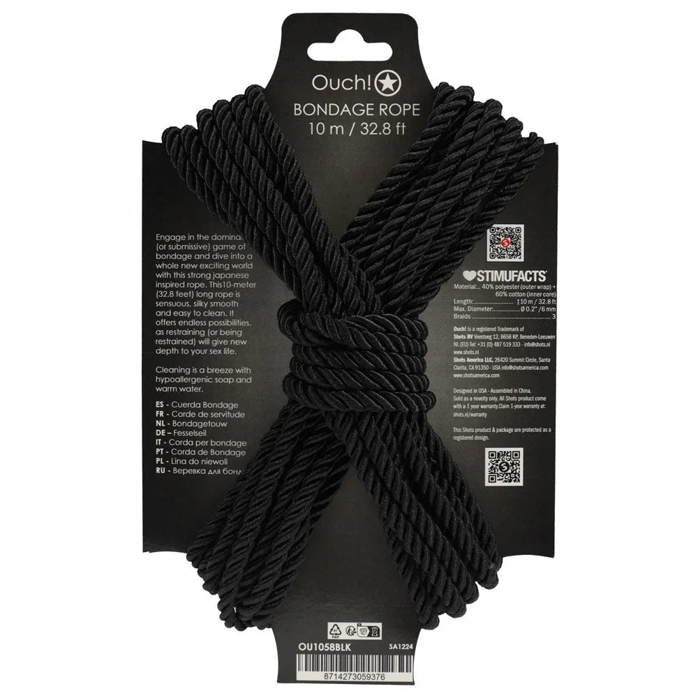 OUCH! Nylon Bondage Rope 10m in Black, back of the display card with care text and barcode